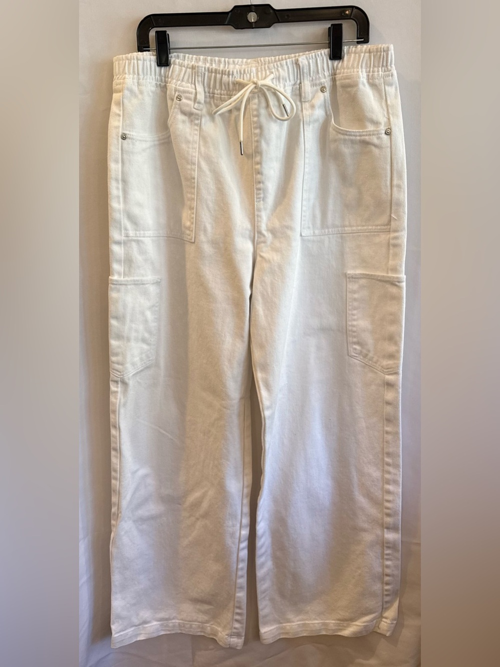 Straight Leg White Utility Jeans with Drawstring Waist